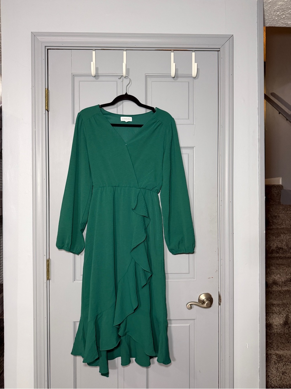 Luxology Green Long-Sleeve Wrap Midi Dress